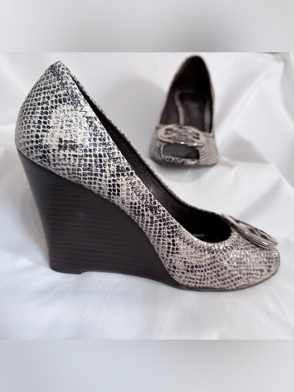 Tory Burch Julianne python-embossed leather peep-toe wedge heels